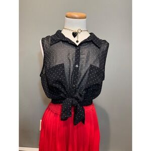 Mod Lusive Black Polka Dot Sleeveless Sheer Button Down Top Blouse